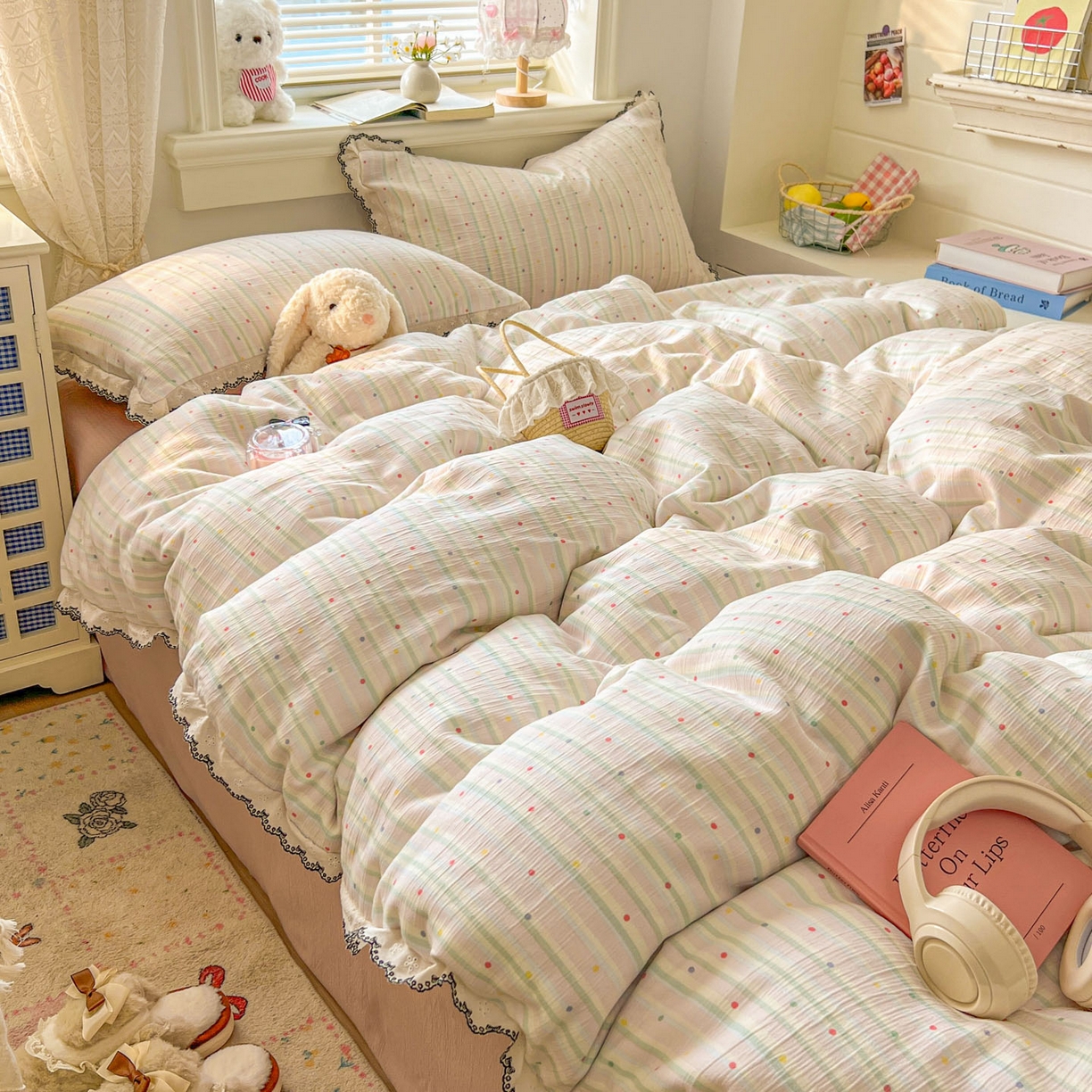 91家纺网 家纺一手货源 找家纺 晚爱家纺（原晚安家居） 2026新款蕾丝刺绣花边韩版少女公主风三层纱四件套 彩虹世界