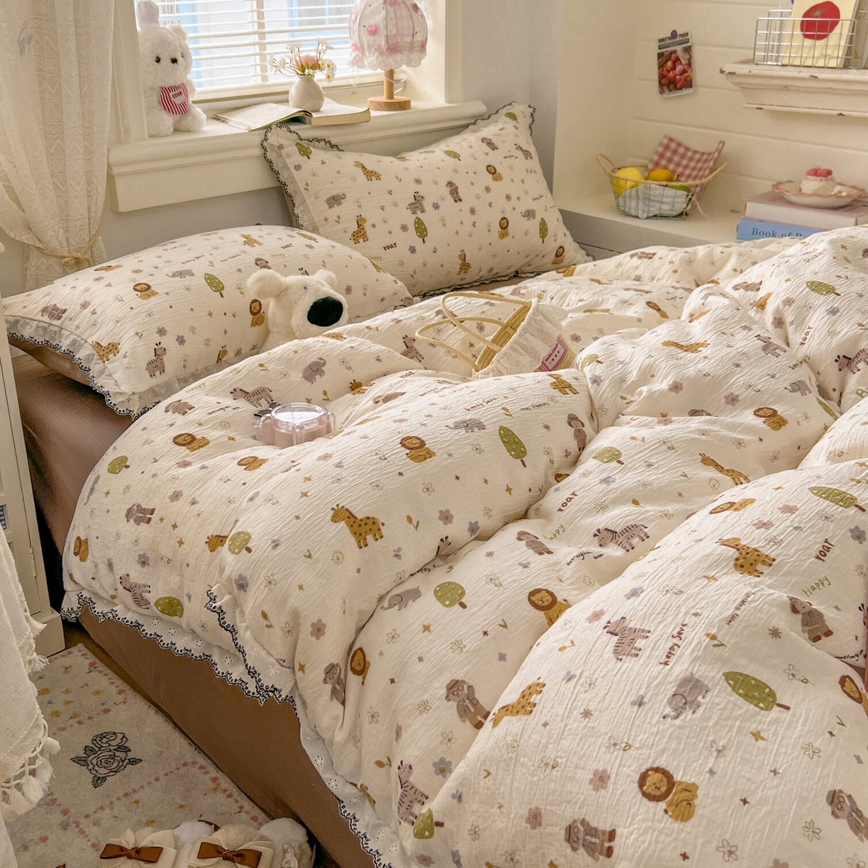 91家纺网 家纺一手货源 找家纺 晚爱家纺（原晚安家居） 2026新款蕾丝刺绣花边韩版少女公主风三层纱四件套 动物团团