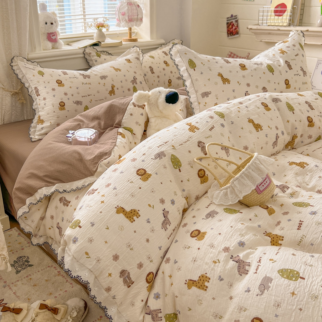 91家纺网 家纺一手货源 找家纺 晚爱家纺（原晚安家居） 2026新款蕾丝刺绣花边韩版少女公主风三层纱四件套 动物团团