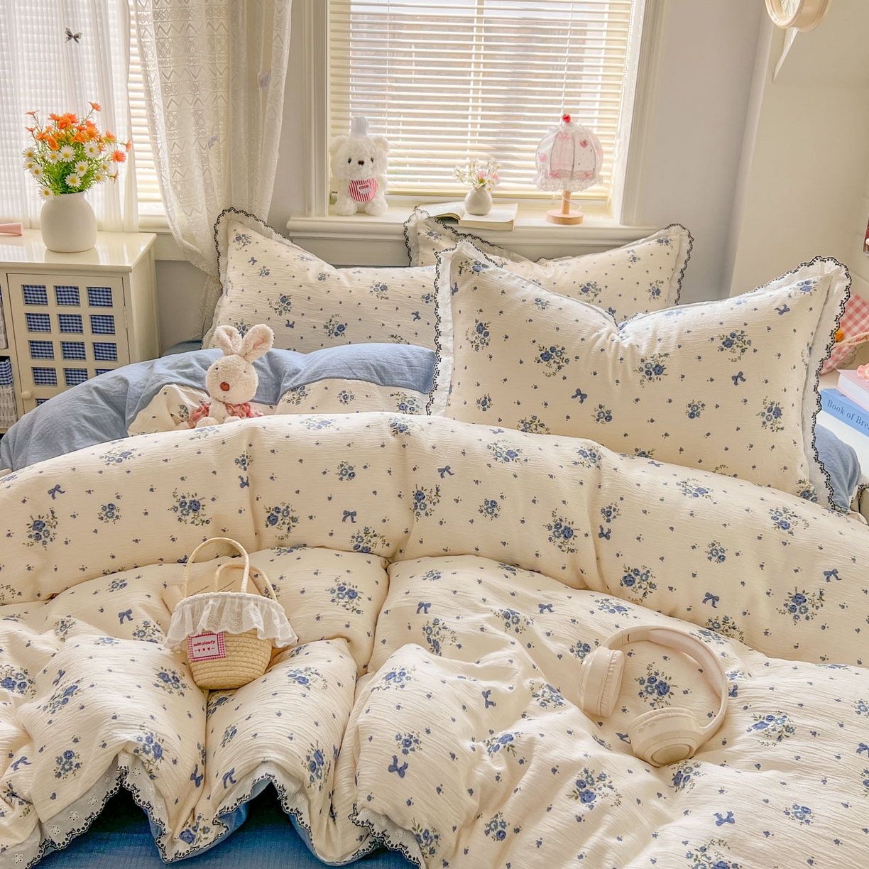 91家纺网 家纺一手货源 找家纺 晚爱家纺（原晚安家居） 2026新款蕾丝刺绣花边韩版少女公主风三层纱四件套 贩卖夏风-蓝