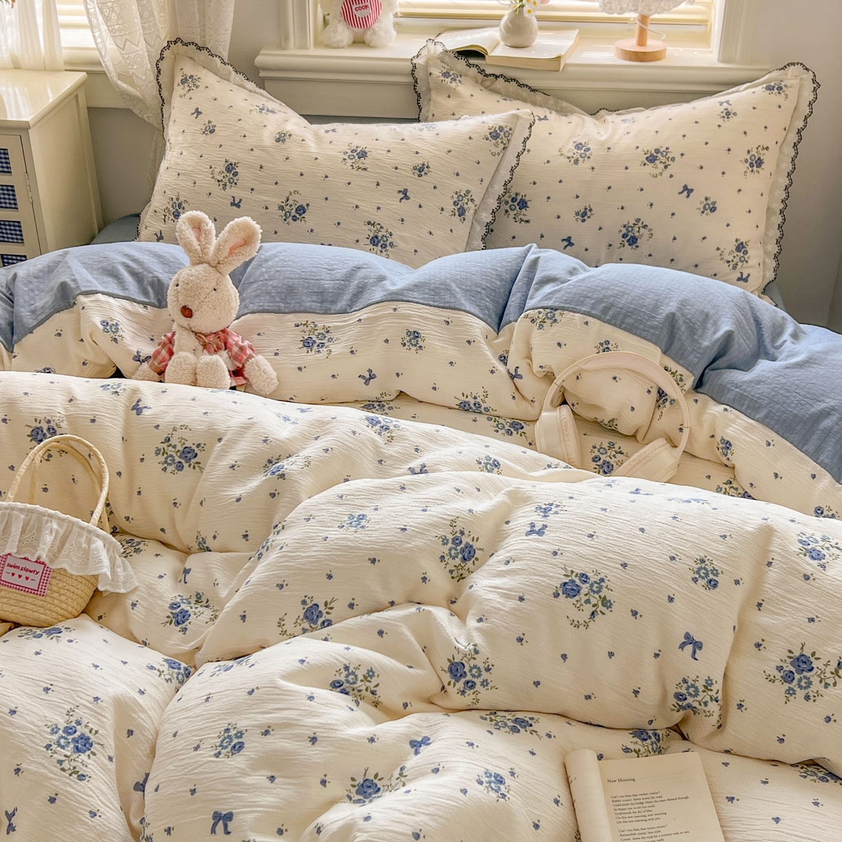 91家纺网 家纺一手货源 找家纺 晚爱家纺（原晚安家居） 2026新款蕾丝刺绣花边韩版少女公主风三层纱四件套 贩卖夏风-蓝