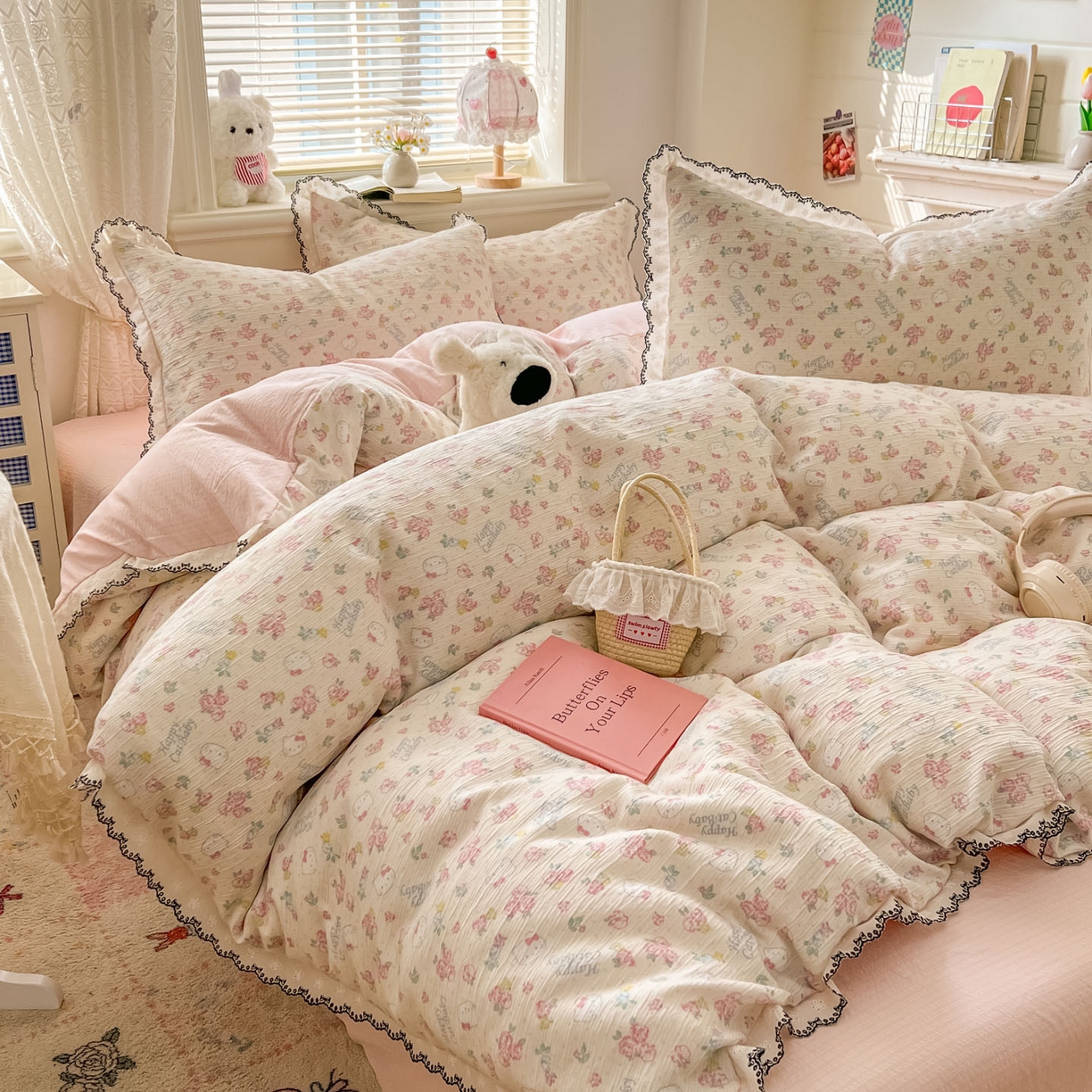 91家纺网 家纺一手货源 找家纺 晚爱家纺（原晚安家居） 2026新款蕾丝刺绣花边韩版少女公主风三层纱四件套 花丛点点猫