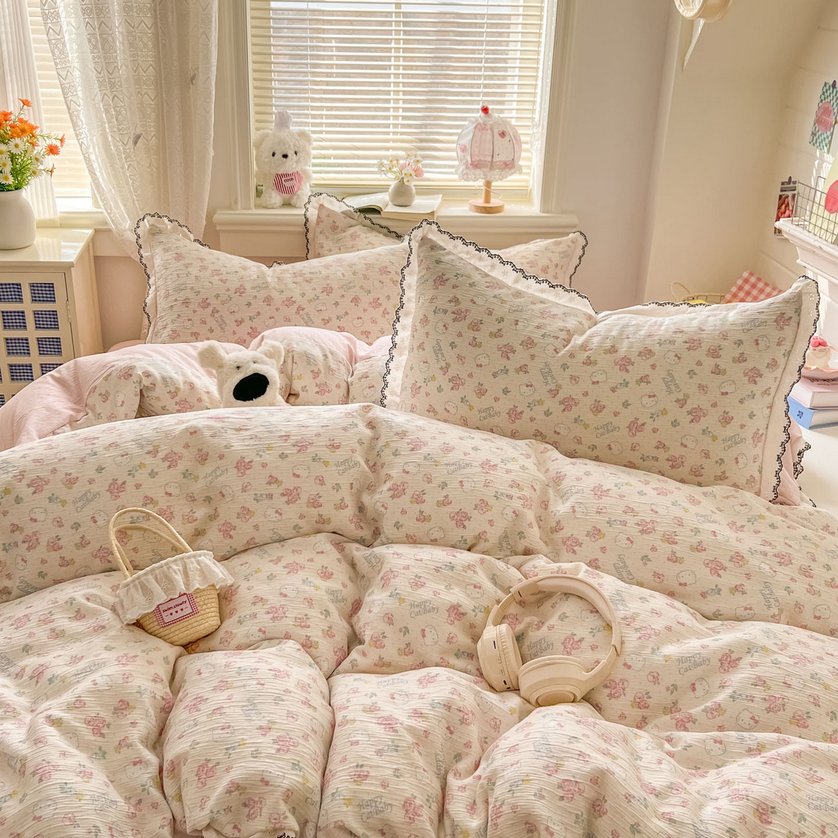 91家纺网 家纺一手货源 找家纺 晚爱家纺（原晚安家居） 2026新款蕾丝刺绣花边韩版少女公主风三层纱四件套 花丛点点猫