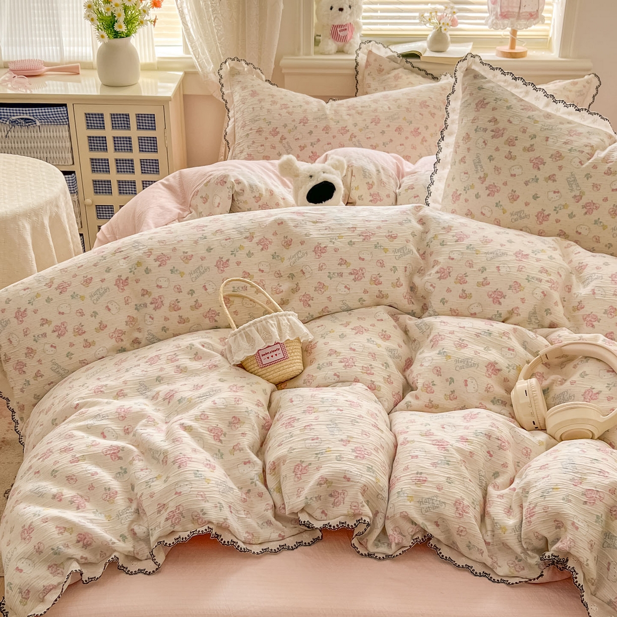 91家纺网 家纺一手货源 找家纺 晚爱家纺（原晚安家居） 2026新款蕾丝刺绣花边韩版少女公主风三层纱四件套 花丛点点猫