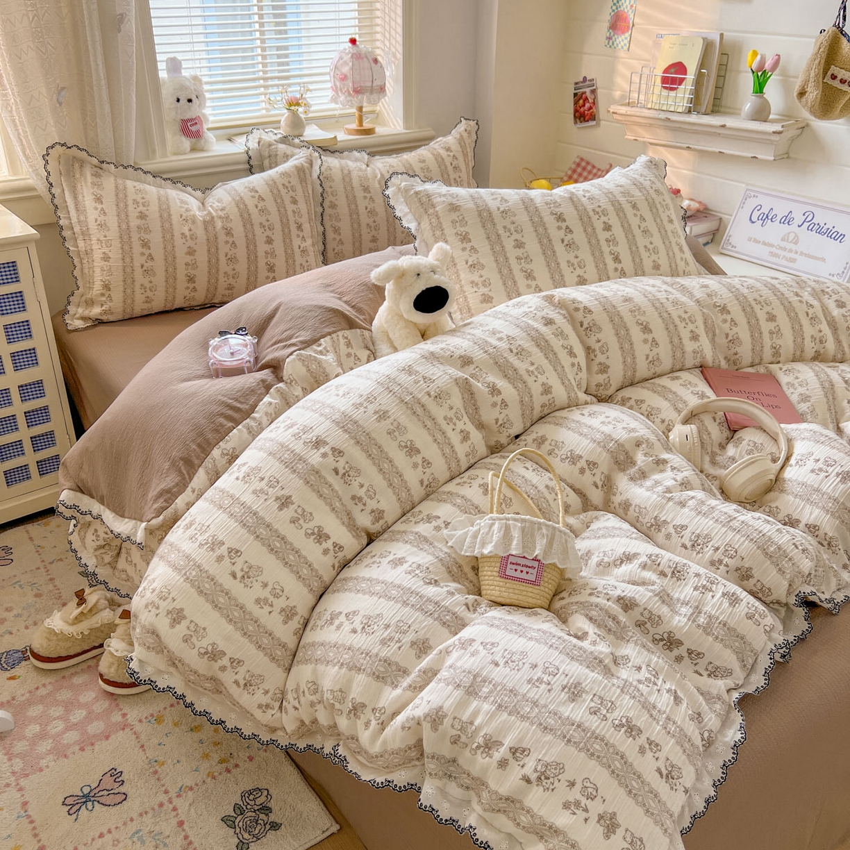 91家纺网 家纺一手货源 找家纺 晚爱家纺（原晚安家居） 2026新款蕾丝刺绣花边韩版少女公主风三层纱四件套 蕾丝熊