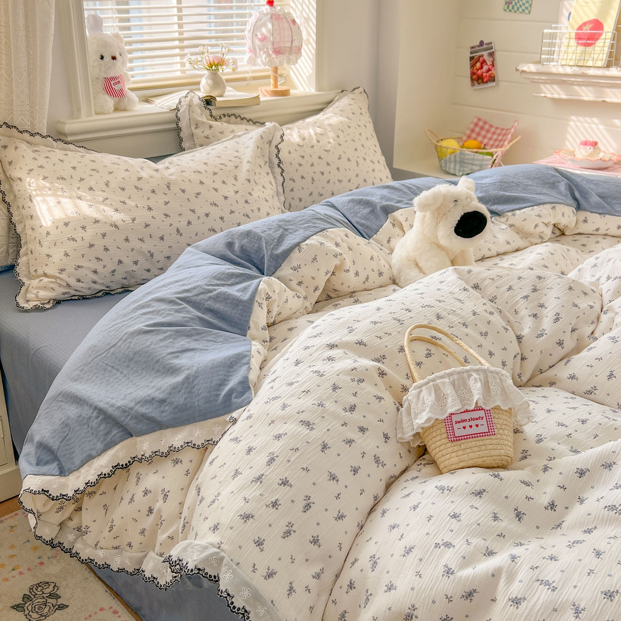 91家纺网 家纺一手货源 找家纺 晚爱家纺（原晚安家居） 2026新款蕾丝刺绣花边韩版少女公主风三层纱四件套 莫奈蓝