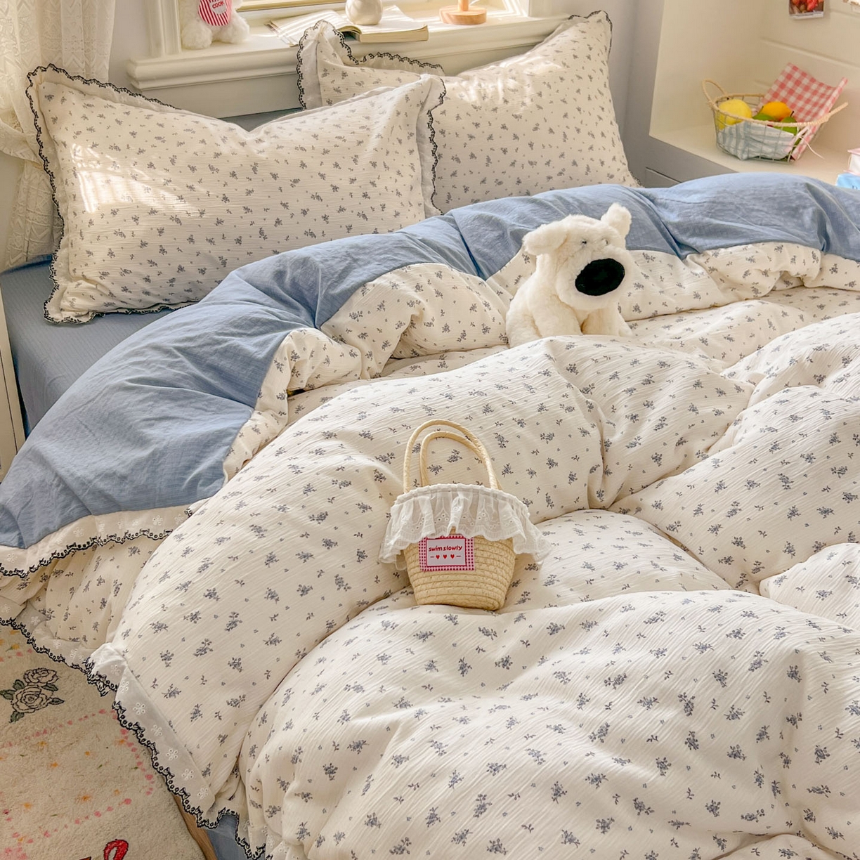 91家纺网 家纺一手货源 找家纺 晚爱家纺（原晚安家居） 2026新款蕾丝刺绣花边韩版少女公主风三层纱四件套 莫奈蓝