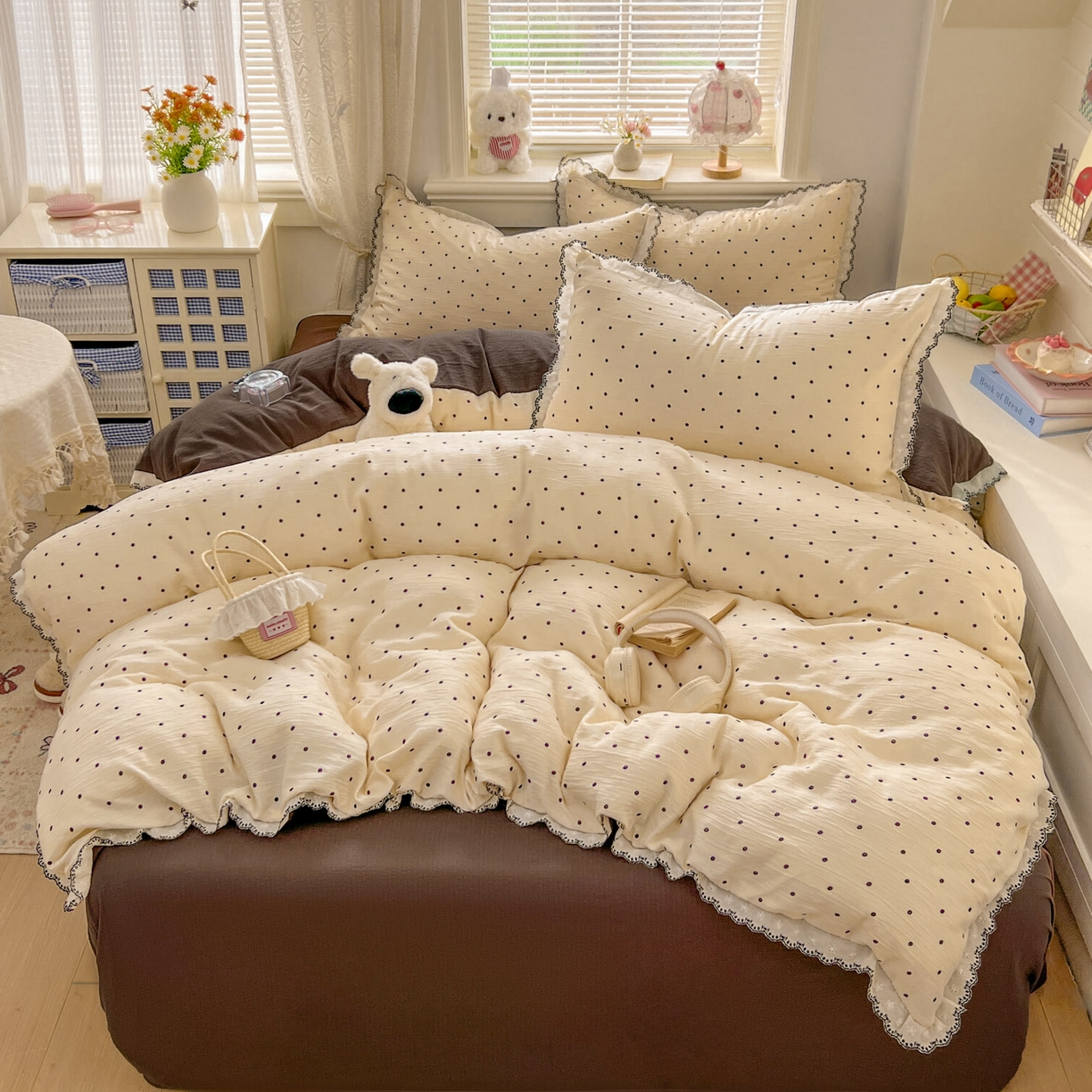 91家纺网 家纺一手货源 找家纺 晚爱家纺（原晚安家居） 2026新款蕾丝刺绣花边韩版少女公主风三层纱四件套 小黑豆