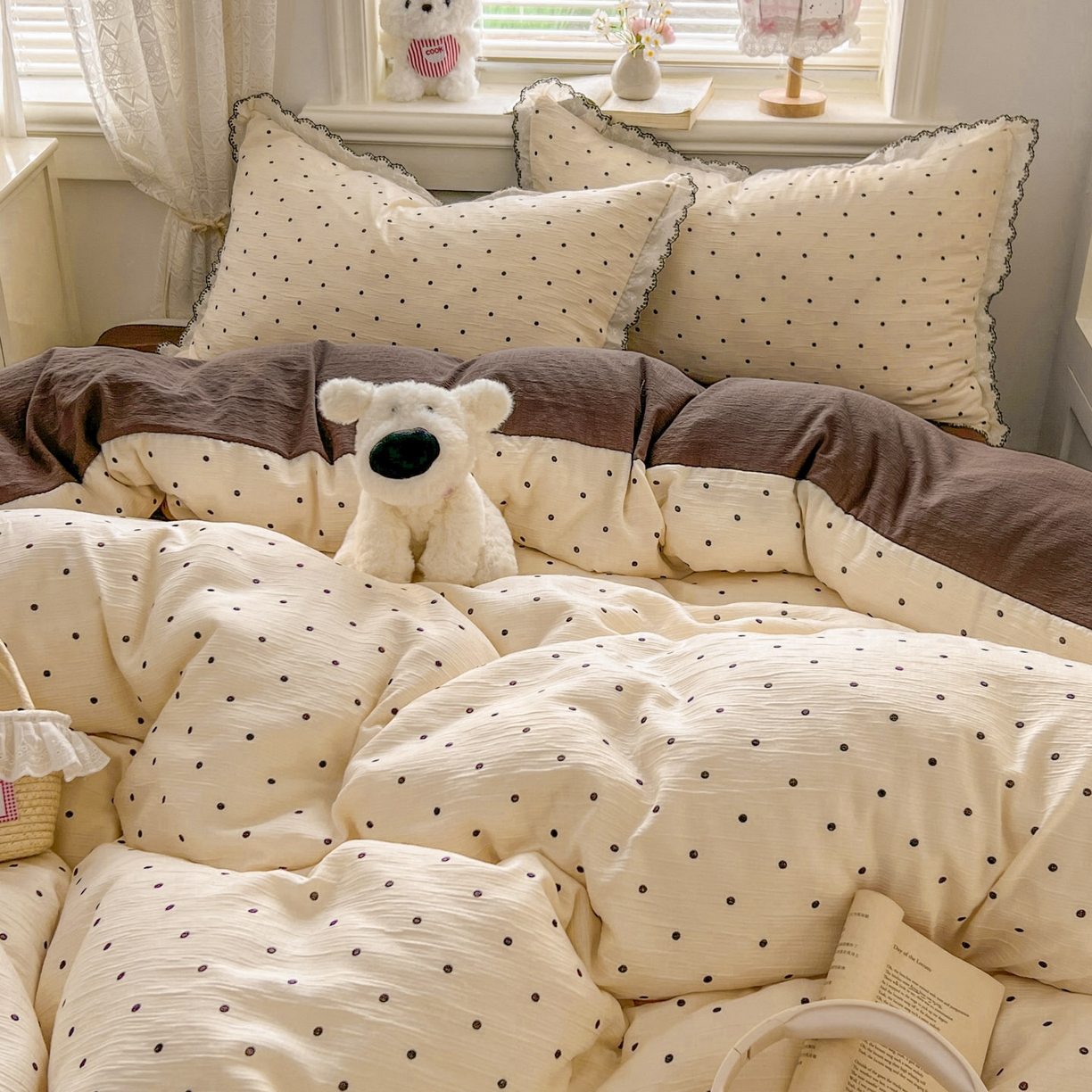 91家纺网 家纺一手货源 找家纺 晚爱家纺（原晚安家居） 2026新款蕾丝刺绣花边韩版少女公主风三层纱四件套 小黑豆