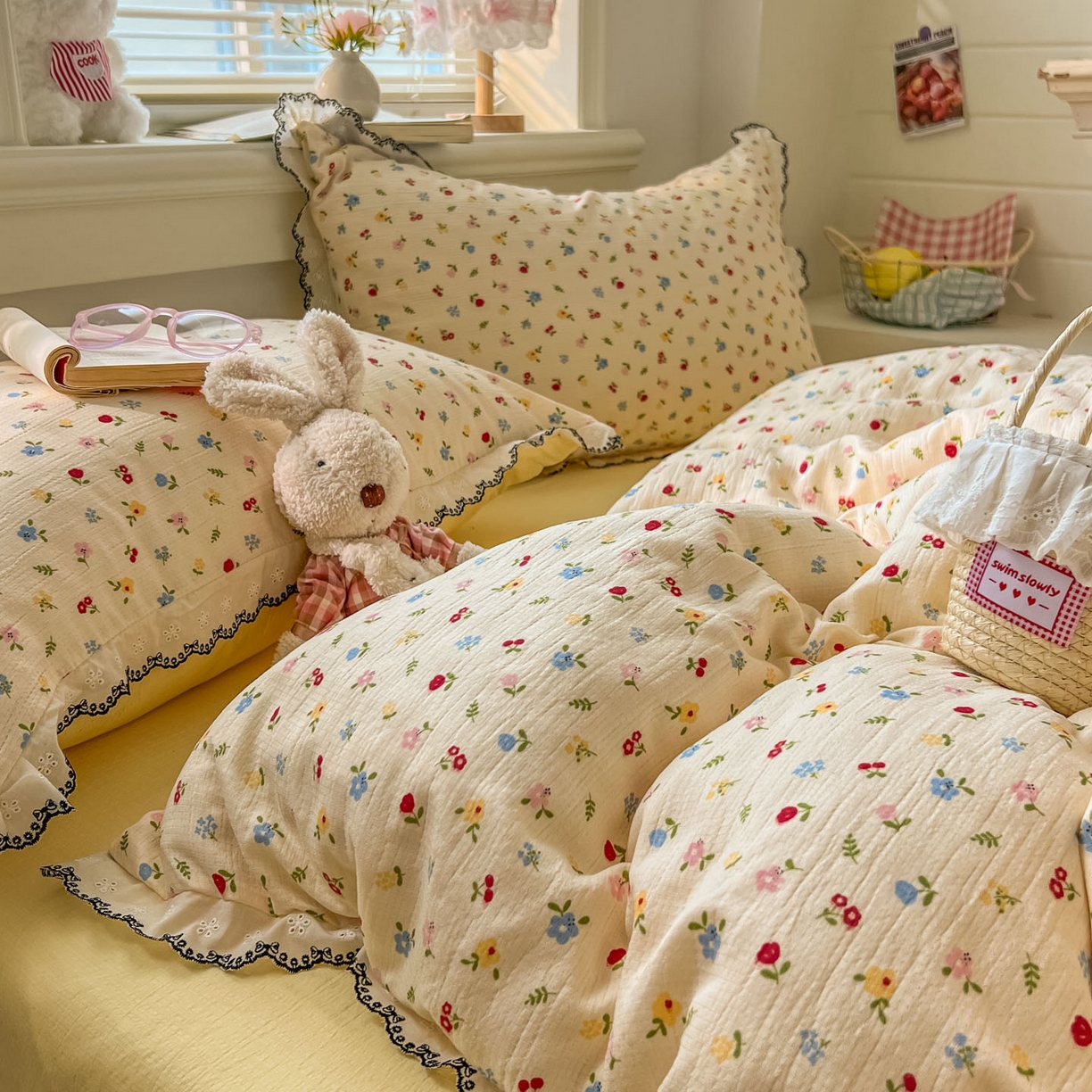 91家纺网 家纺一手货源 找家纺 晚爱家纺（原晚安家居） 2026新款蕾丝刺绣花边韩版少女公主风三层纱四件套 小花点点