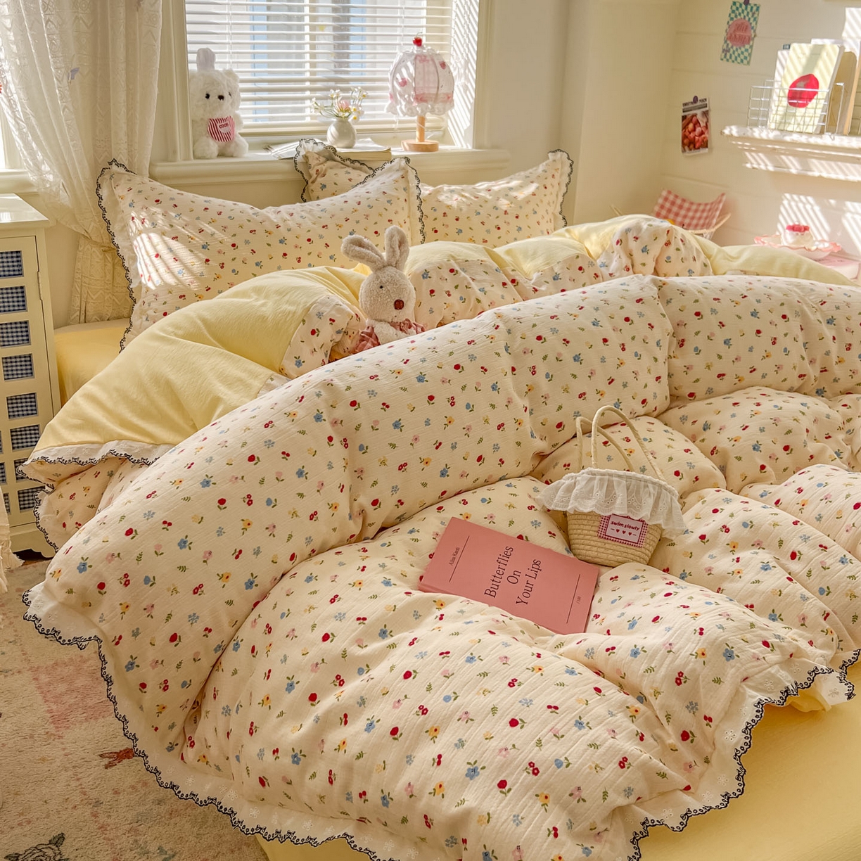 91家纺网 家纺一手货源 找家纺 晚爱家纺（原晚安家居） 2026新款蕾丝刺绣花边韩版少女公主风三层纱四件套 小花点点