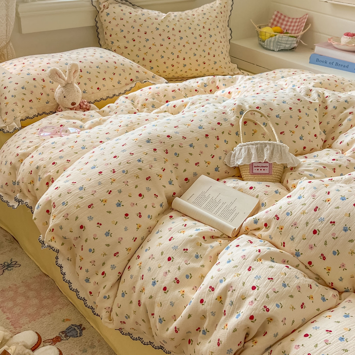 91家纺网 家纺一手货源 找家纺 晚爱家纺（原晚安家居） 2026新款蕾丝刺绣花边韩版少女公主风三层纱四件套 小花点点