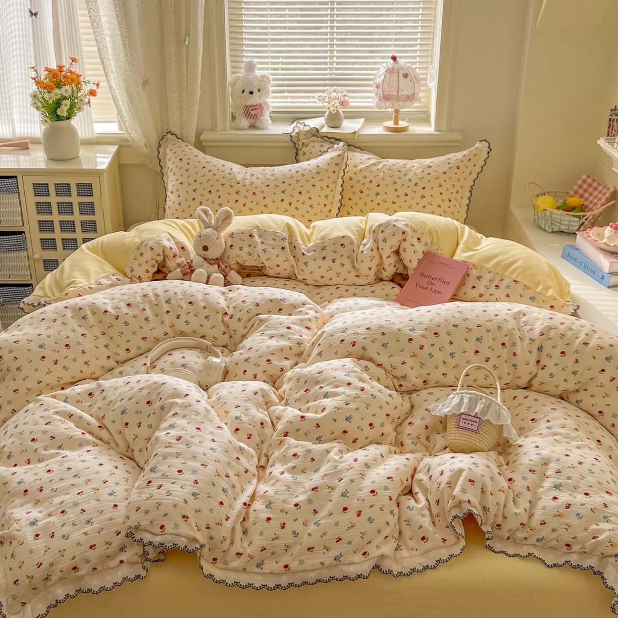 91家纺网 家纺一手货源 找家纺 晚爱家纺（原晚安家居） 2026新款蕾丝刺绣花边韩版少女公主风三层纱四件套 小花点点