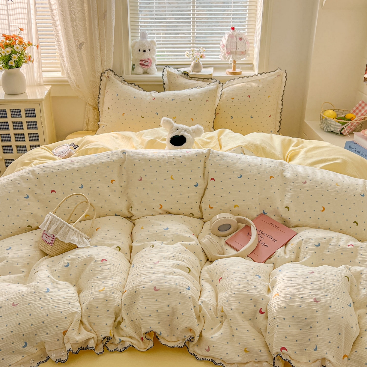 91家纺网 家纺一手货源 找家纺 晚爱家纺（原晚安家居） 2026新款蕾丝刺绣花边韩版少女公主风三层纱四件套 星月天空