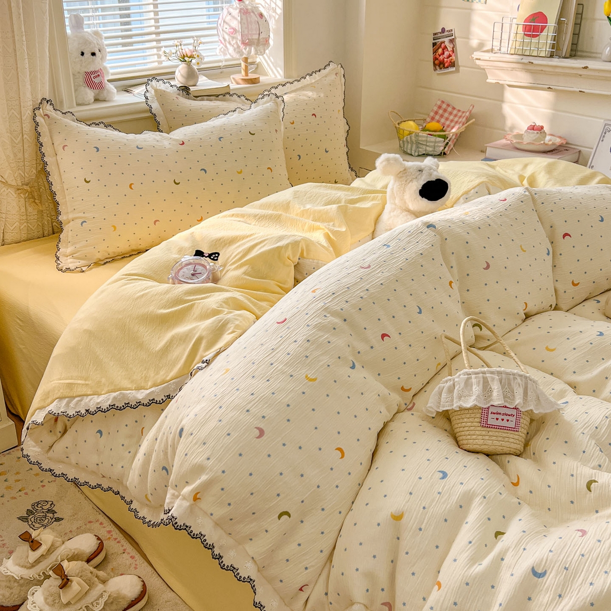 91家纺网 家纺一手货源 找家纺 晚爱家纺（原晚安家居） 2026新款蕾丝刺绣花边韩版少女公主风三层纱四件套 星月天空