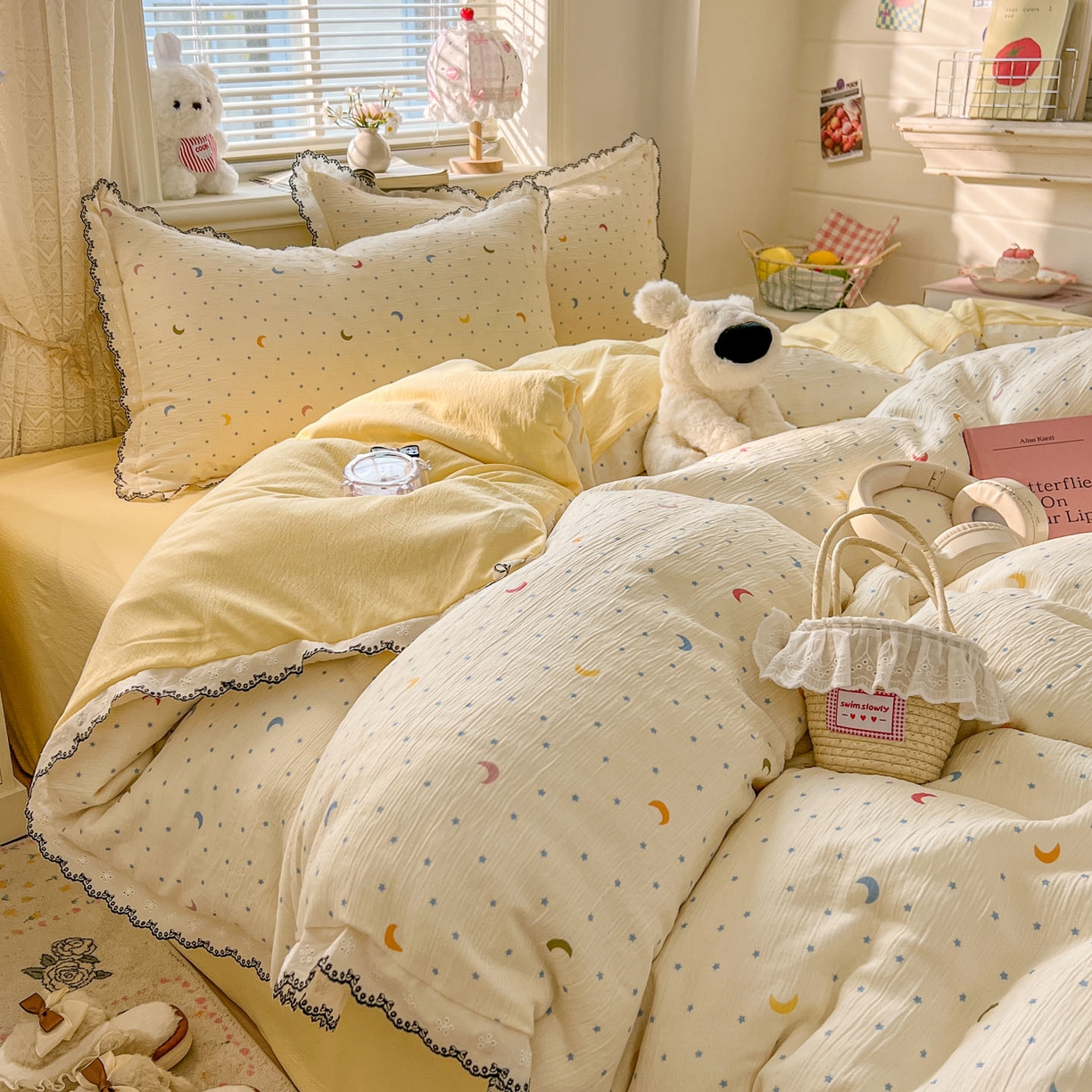 91家纺网 家纺一手货源 找家纺 晚爱家纺（原晚安家居） 2026新款蕾丝刺绣花边韩版少女公主风三层纱四件套 星月天空