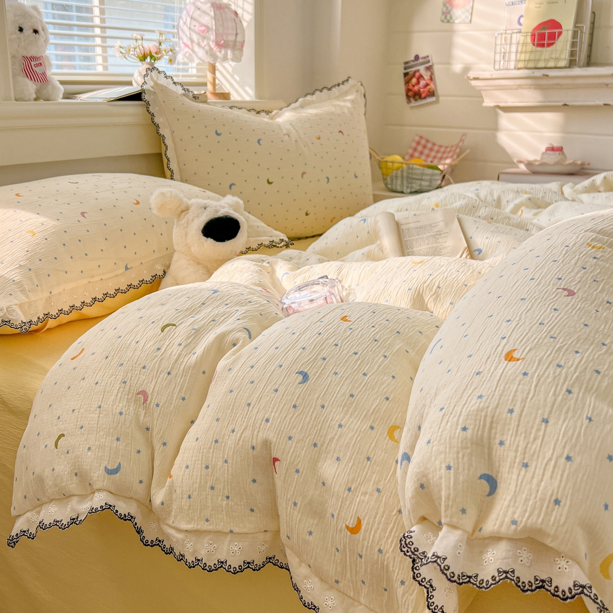 91家纺网 家纺一手货源 找家纺 晚爱家纺（原晚安家居） 2026新款蕾丝刺绣花边韩版少女公主风三层纱四件套 星月天空