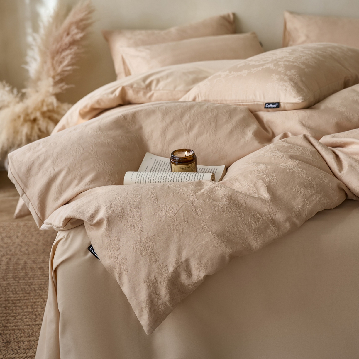 91家纺网 家纺一手货源 找家纺 小懒猪 2026新款亲肤舒适立体全棉纯棉提花四件套-系列四 花韵悠然-米杏