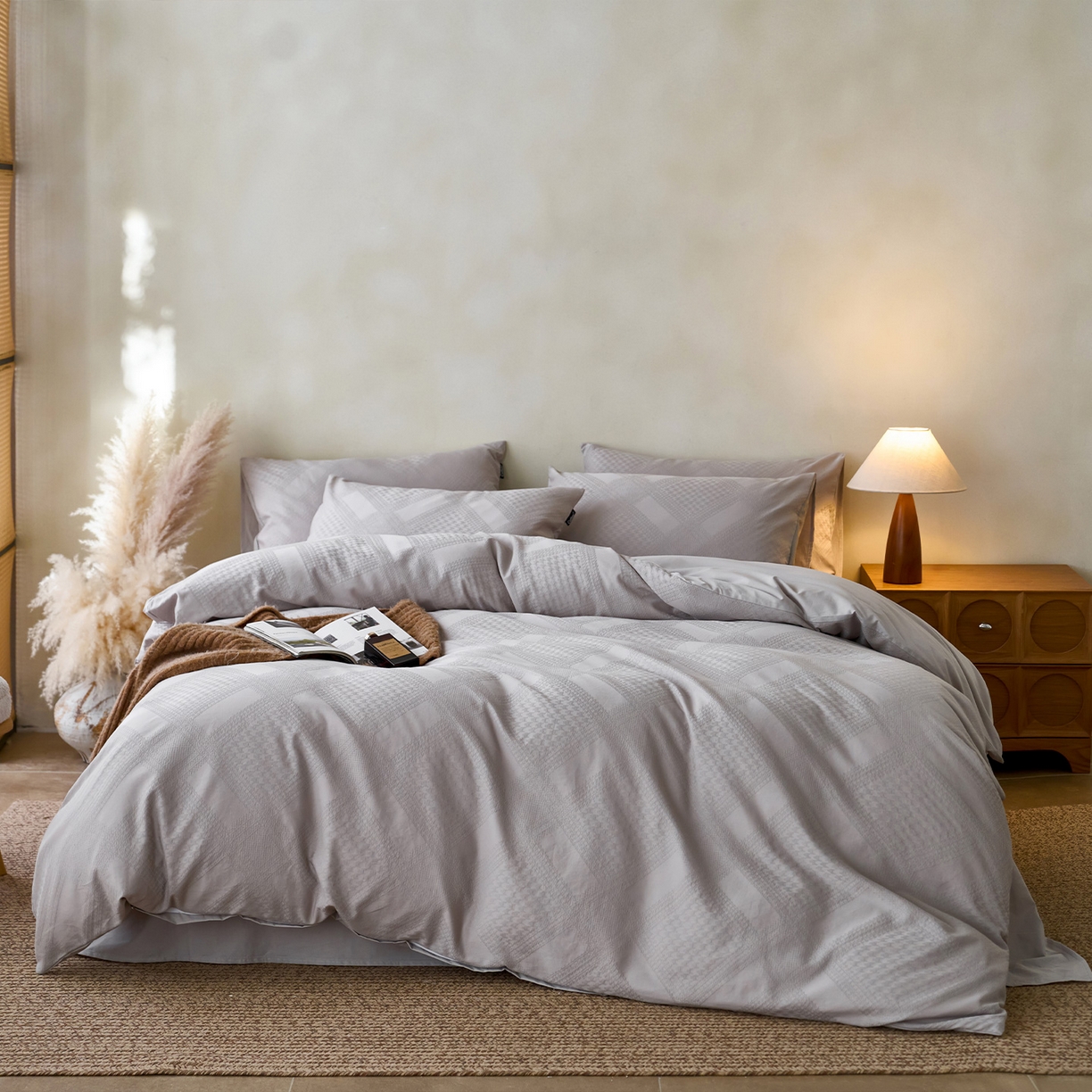 91家纺网 家纺一手货源 找家纺 小懒猪 2026新款亲肤舒适立体全棉纯棉提花四件套-系列四 千鸟格-银灰