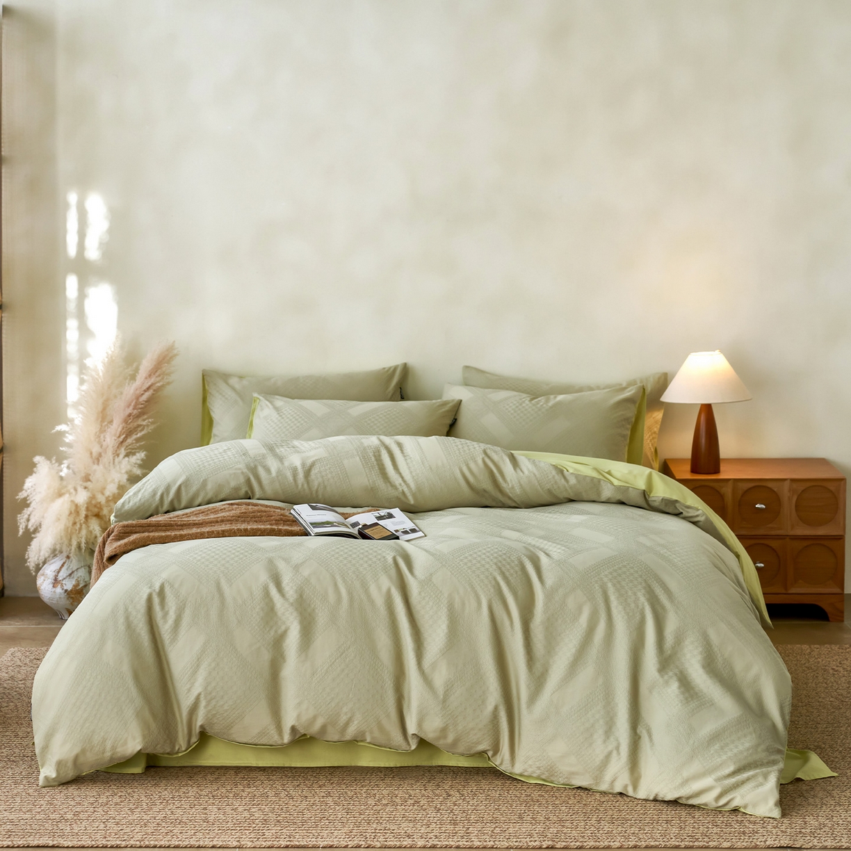 91家纺网 家纺一手货源 找家纺 小懒猪 2026新款亲肤舒适立体全棉纯棉提花四件套-系列四 千鸟格-奶绿