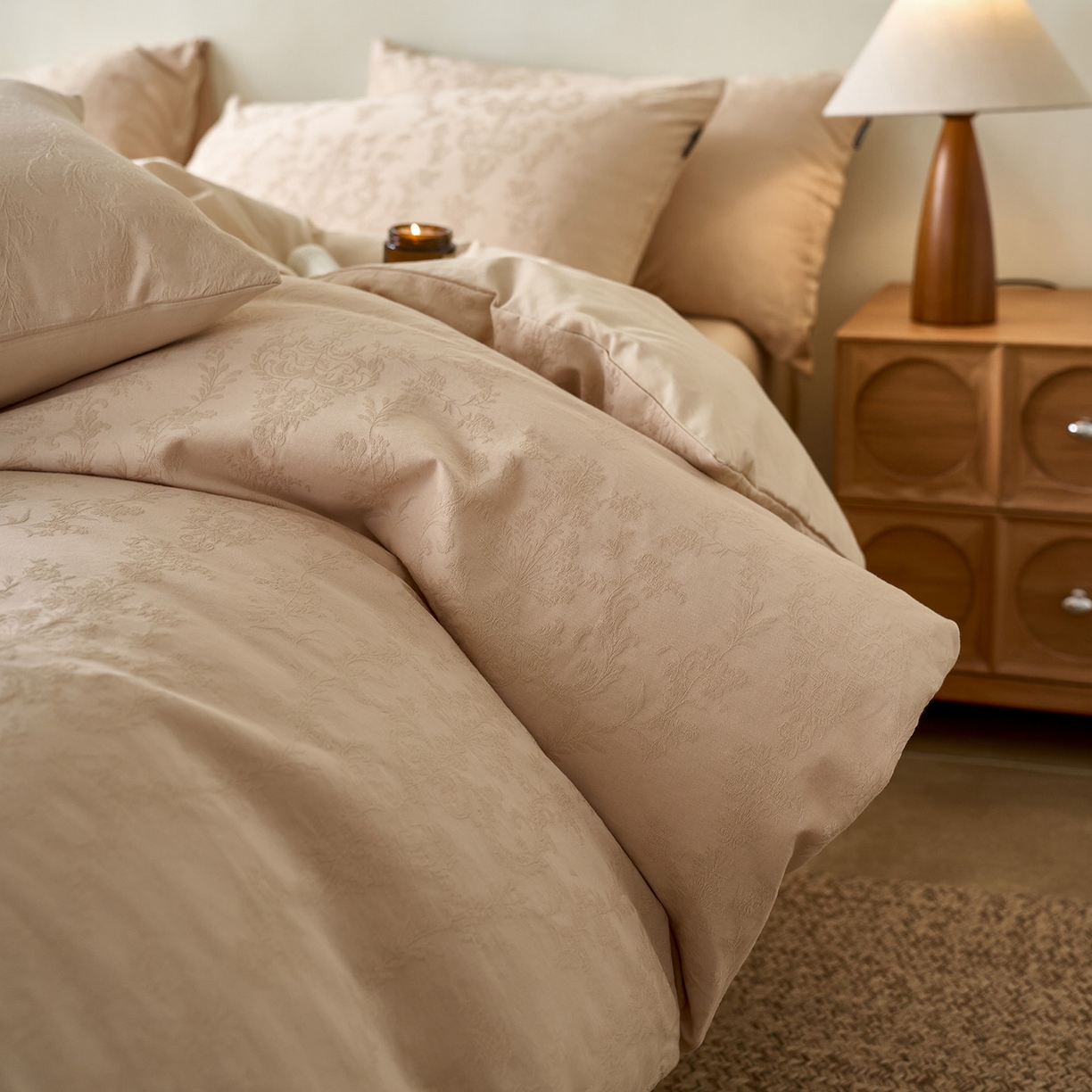 91家纺网 家纺一手货源 找家纺 小懒猪 2026新款亲肤舒适立体全棉纯棉提花四件套-系列四 花韵悠然-米杏