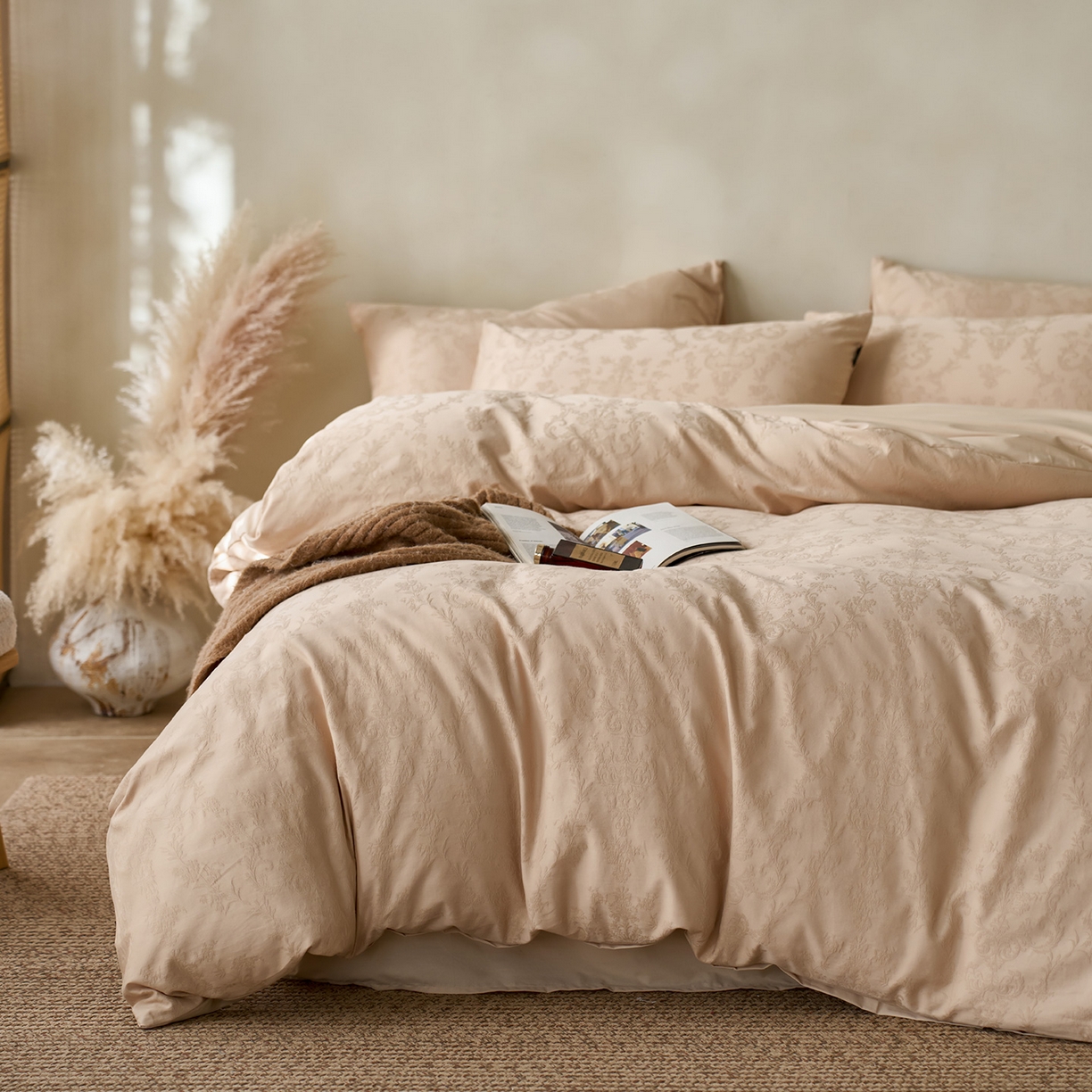 91家纺网 家纺一手货源 找家纺 小懒猪 2026新款亲肤舒适立体全棉纯棉提花四件套-系列四 花韵悠然-米杏