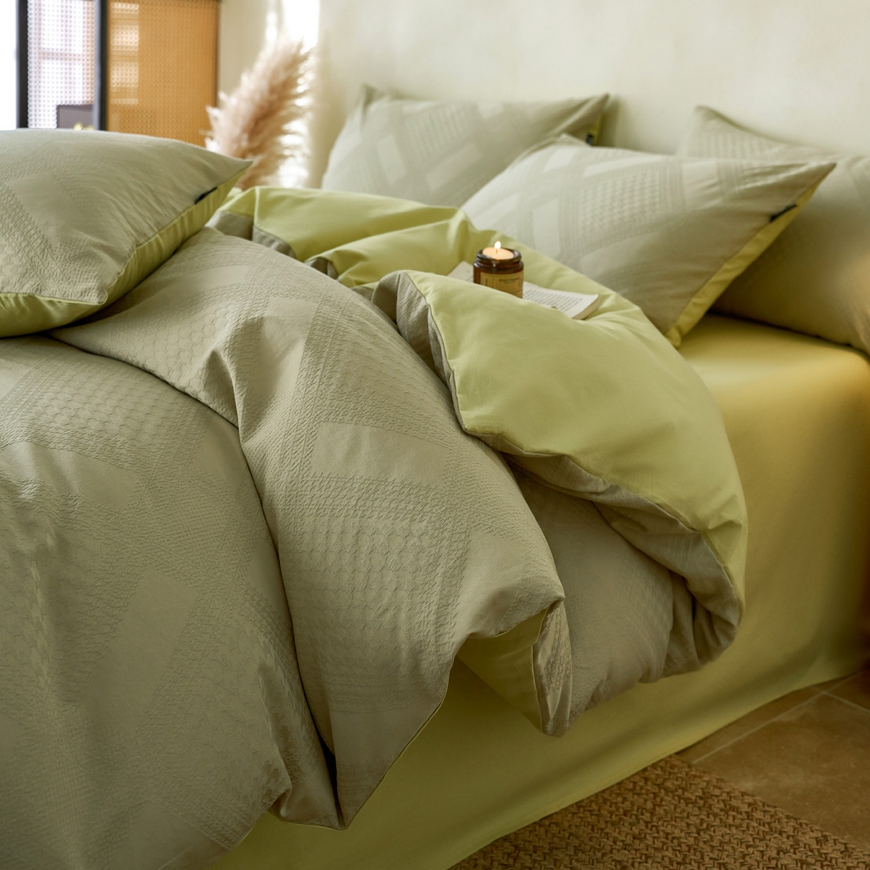 91家纺网 家纺一手货源 找家纺 小懒猪 2026新款亲肤舒适立体全棉纯棉提花四件套-系列四 千鸟格-奶绿