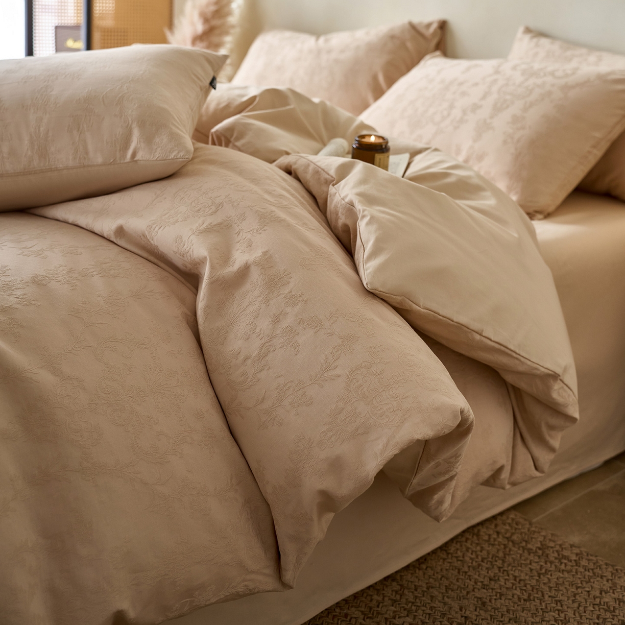 91家纺网 家纺一手货源 找家纺 小懒猪 2026新款亲肤舒适立体全棉纯棉提花四件套-系列四 花韵悠然-米杏