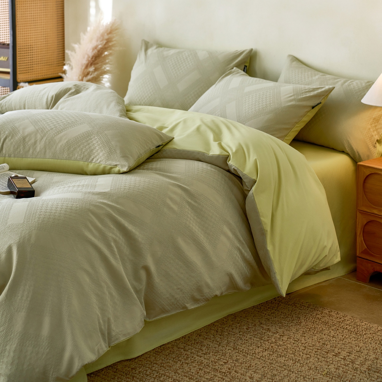 91家纺网 家纺一手货源 找家纺 小懒猪 2026新款亲肤舒适立体全棉纯棉提花四件套-系列四 千鸟格-奶绿