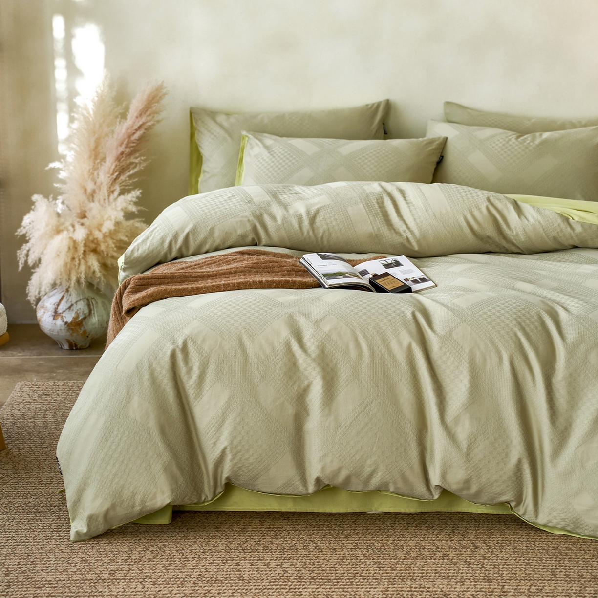 91家纺网 家纺一手货源 找家纺 小懒猪 2026新款亲肤舒适立体全棉纯棉提花四件套-系列四 千鸟格-奶绿