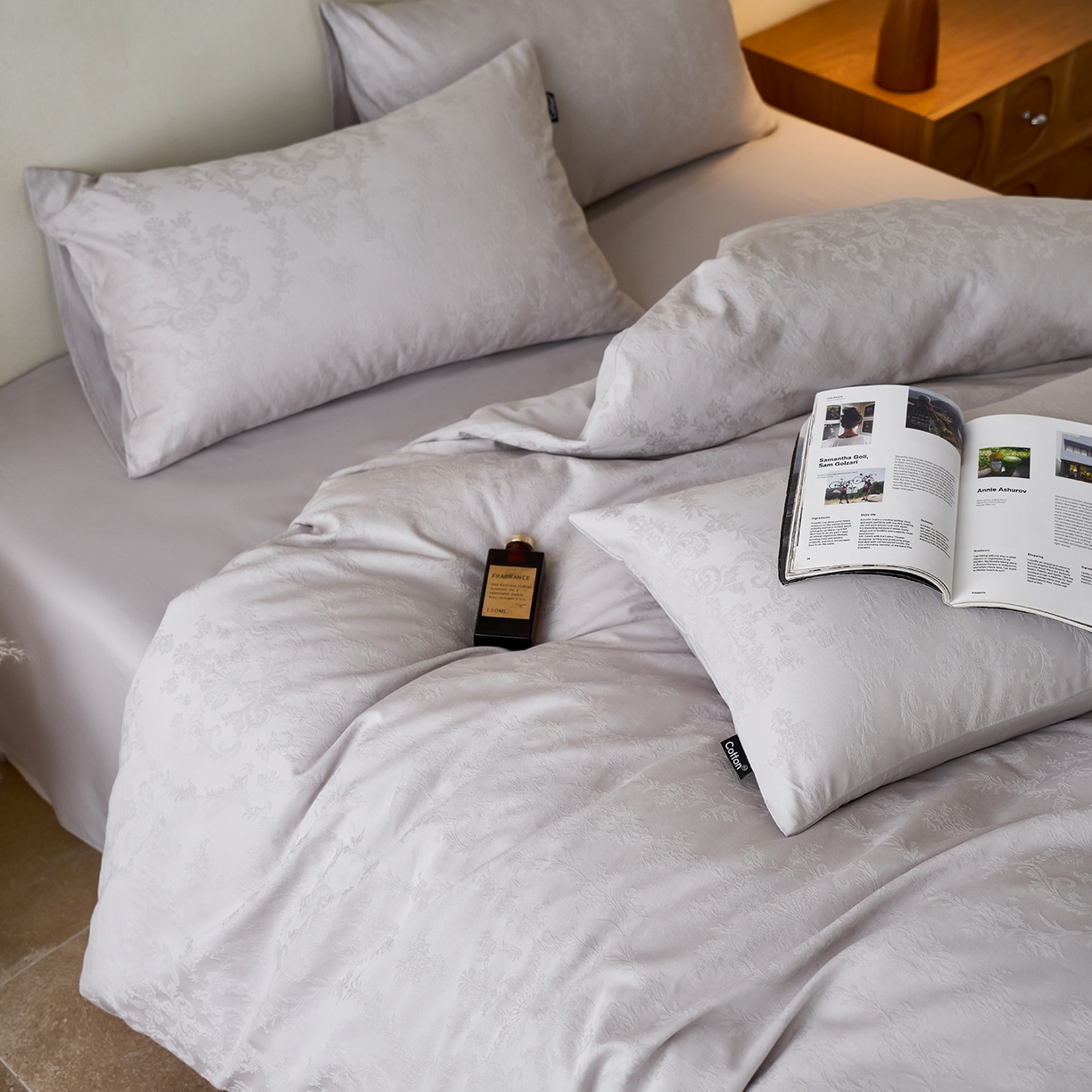 91家纺网 家纺一手货源 找家纺 小懒猪 2026新款亲肤舒适立体全棉纯棉提花四件套-系列四 花韵悠然-银灰