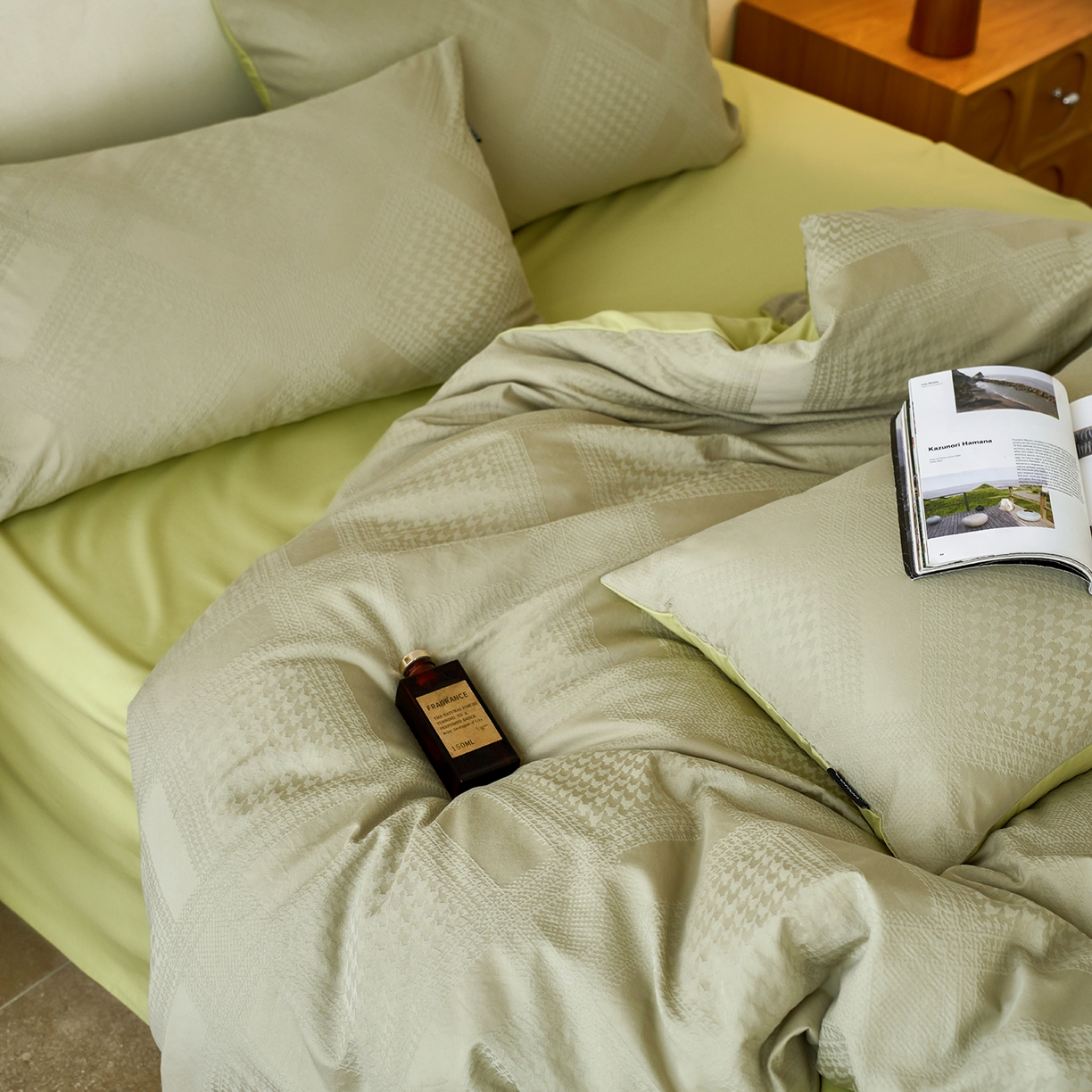 91家纺网 家纺一手货源 找家纺 小懒猪 2026新款亲肤舒适立体全棉纯棉提花四件套-系列四 千鸟格-奶绿