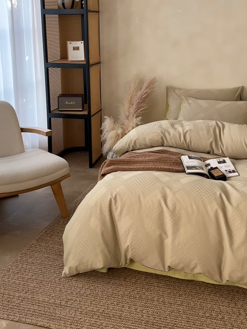 91家纺网 家纺一手货源 找家纺 小懒猪 2026新款亲肤舒适立体全棉纯棉提花四件套-系列四 千鸟格-奶绿