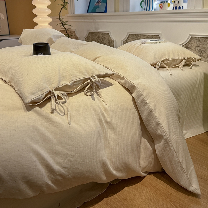 91家纺网 家纺一手货源 找家纺 （总）蓝邻家纺 2026年新款全棉纯棉色织棉麻极简风四件套系列-场景一