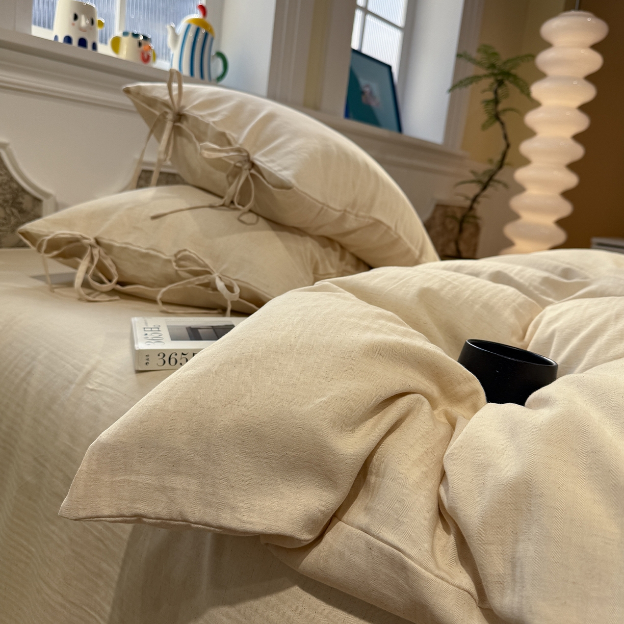 91家纺网 家纺一手货源 找家纺 （总）蓝邻家纺 2026年新款全棉纯棉色织棉麻极简风四件套系列-场景一