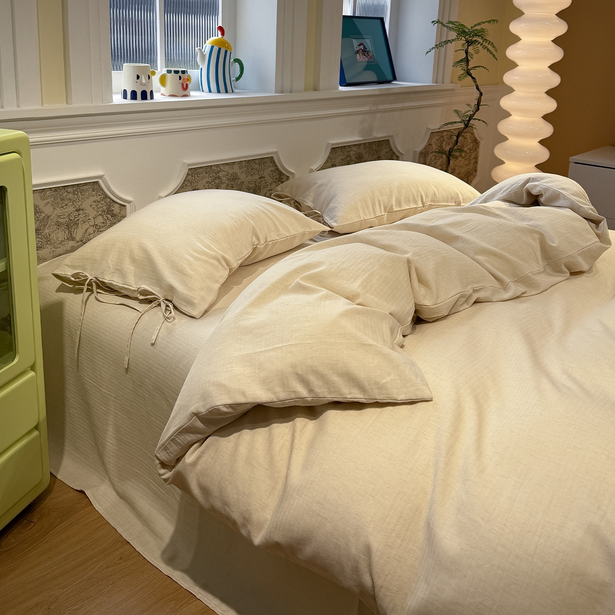 91家纺网 家纺一手货源 找家纺 （总）蓝邻家纺 2026年新款全棉纯棉色织棉麻极简风四件套系列-场景一