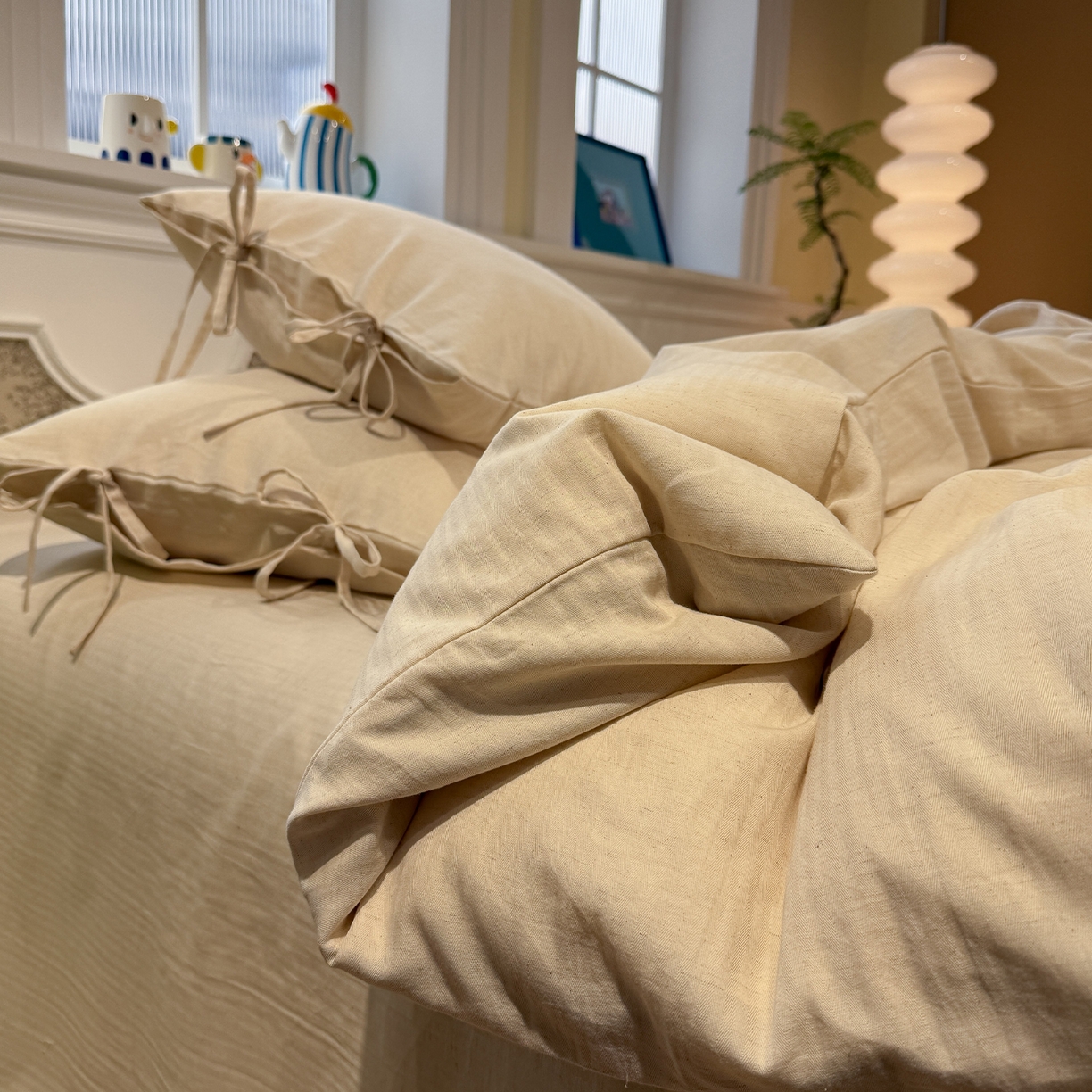 91家纺网 家纺一手货源 找家纺 （总）蓝邻家纺 2026年新款全棉纯棉色织棉麻极简风四件套系列-场景一