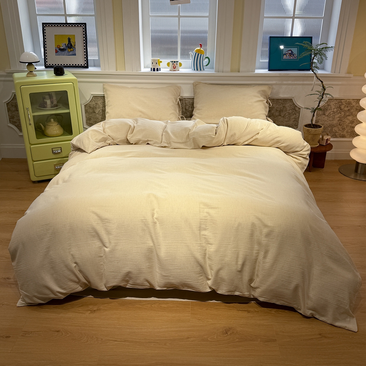 91家纺网 家纺一手货源 找家纺 （总）蓝邻家纺 2026年新款全棉纯棉色织棉麻极简风四件套系列-场景一