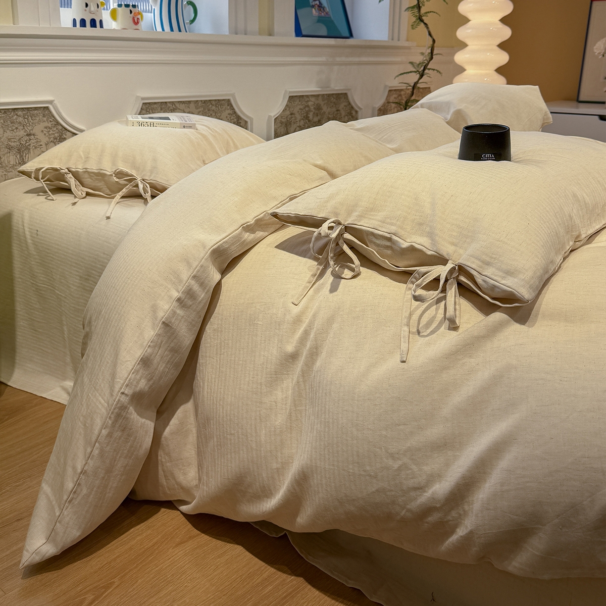 91家纺网 家纺一手货源 找家纺 （总）蓝邻家纺 2026年新款全棉纯棉色织棉麻极简风四件套系列-场景一