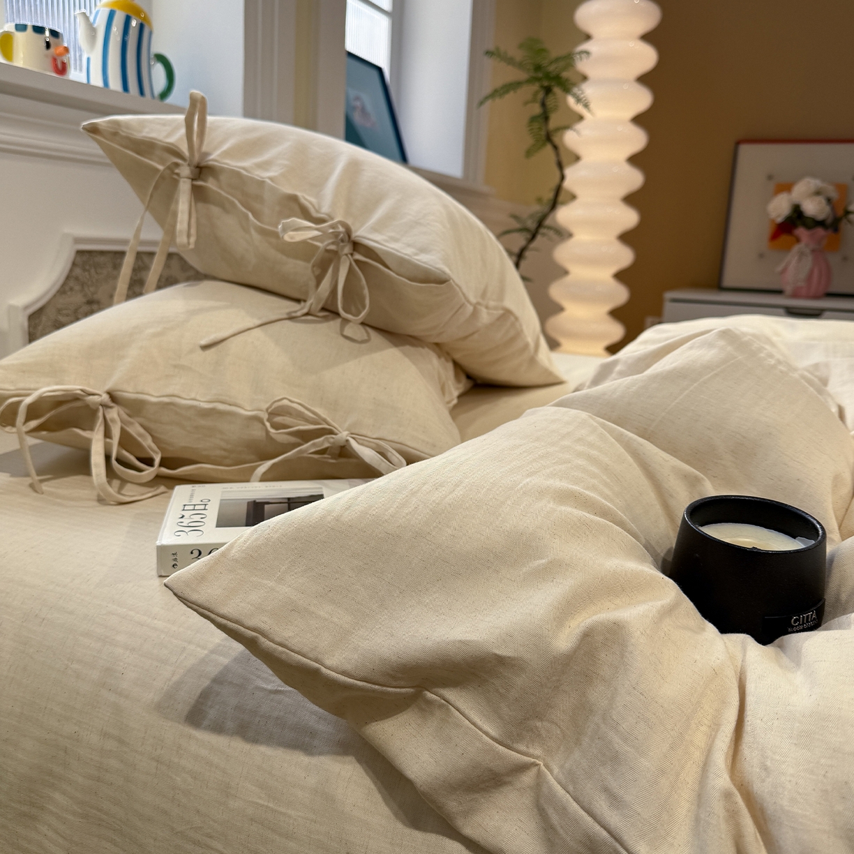 91家纺网 家纺一手货源 找家纺 （总）蓝邻家纺 2026年新款全棉纯棉色织棉麻极简风四件套系列-场景一