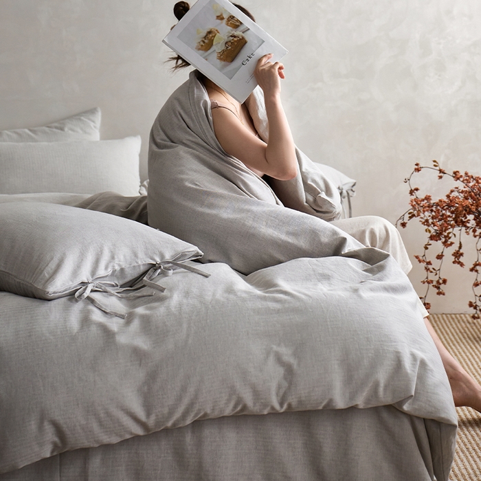 91家纺网 家纺一手货源 找家纺 （总）蓝邻家纺 2026年新款全棉纯棉色织棉麻极简风四件套系列-场景二