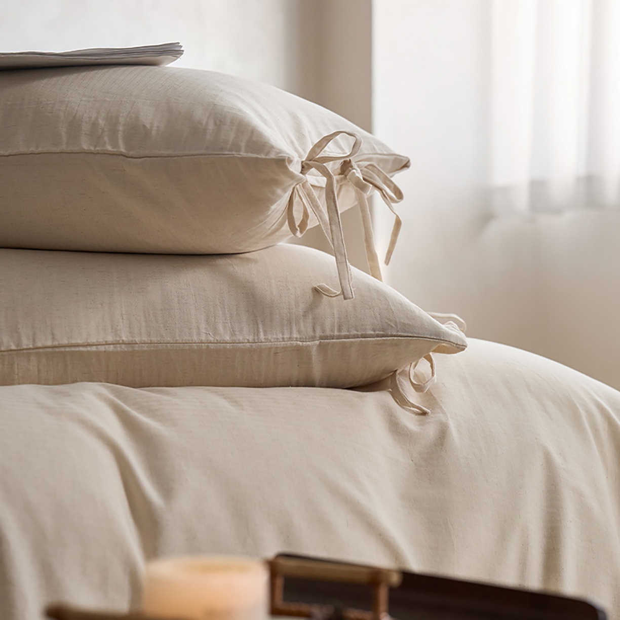 91家纺网 家纺一手货源 找家纺 （总）蓝邻家纺 2026年新款全棉纯棉色织棉麻极简风四件套系列-场景二