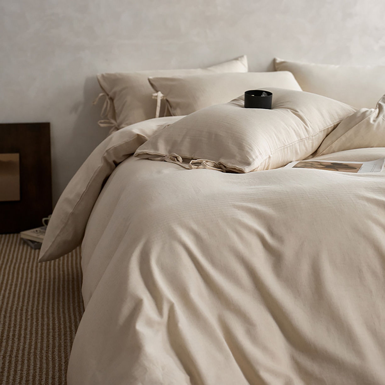 91家纺网 家纺一手货源 找家纺 （总）蓝邻家纺 2026年新款全棉纯棉色织棉麻极简风四件套系列-场景二