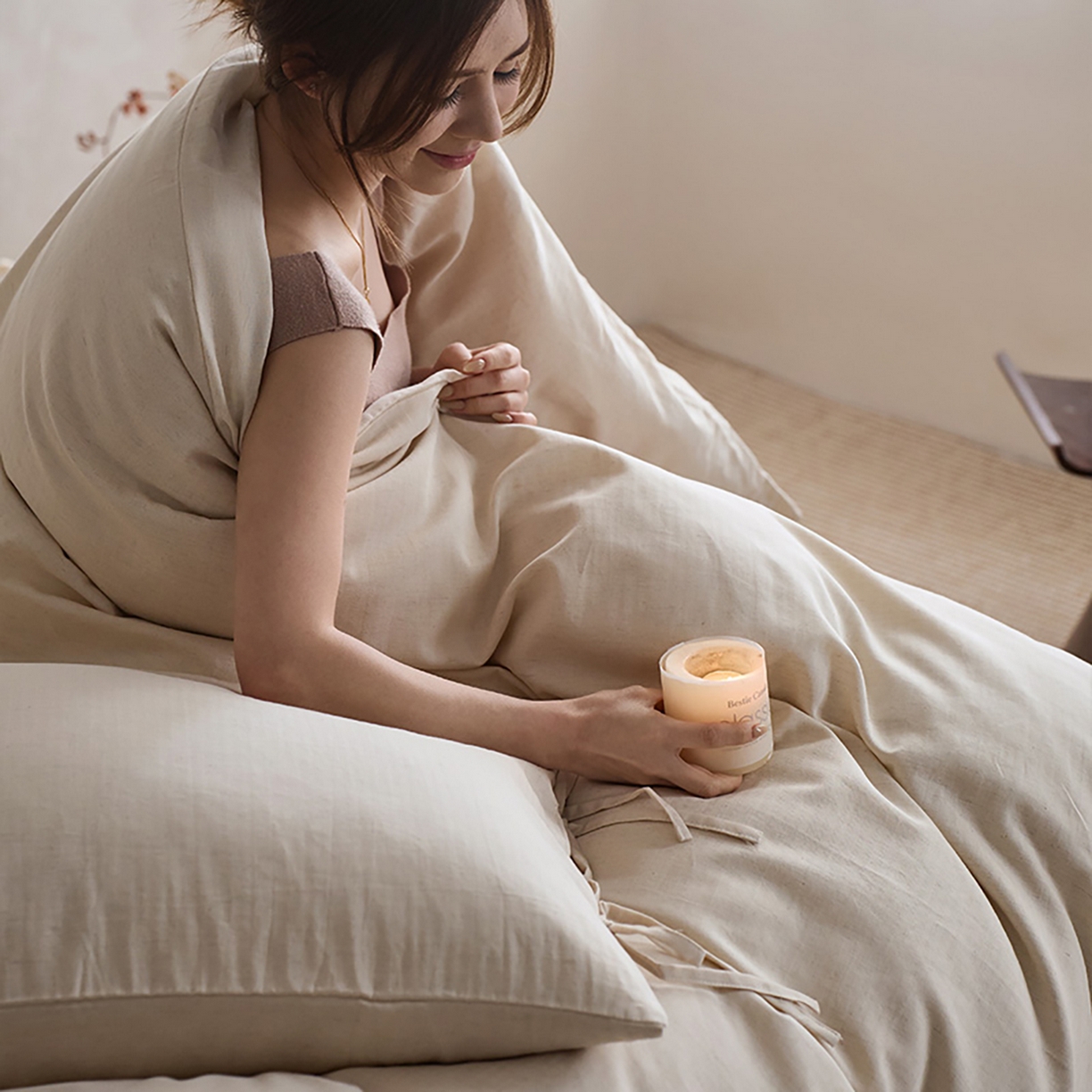 91家纺网 家纺一手货源 找家纺 （总）蓝邻家纺 2026年新款全棉纯棉色织棉麻极简风四件套系列-场景二