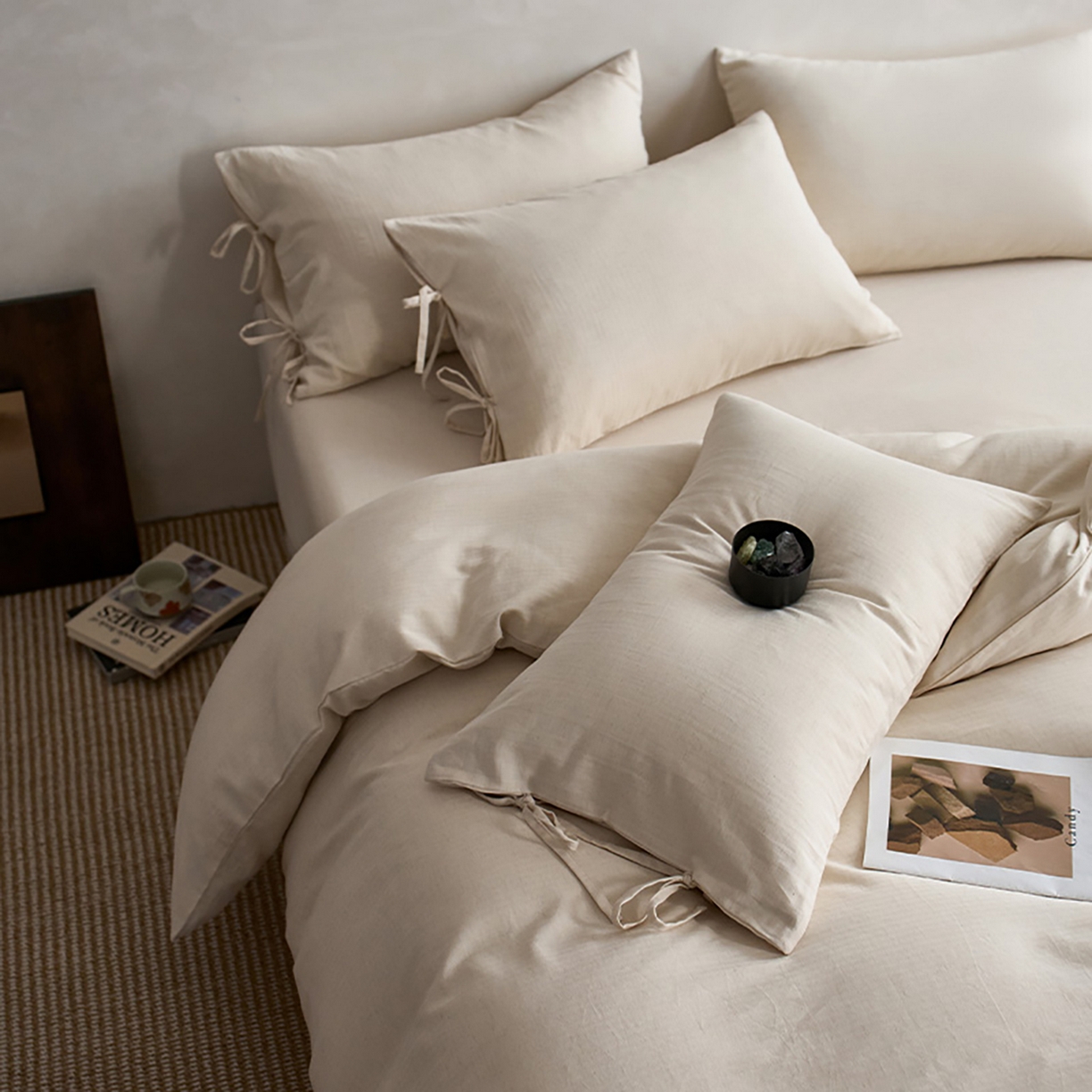 91家纺网 家纺一手货源 找家纺 （总）蓝邻家纺 2026年新款全棉纯棉色织棉麻极简风四件套系列-场景二