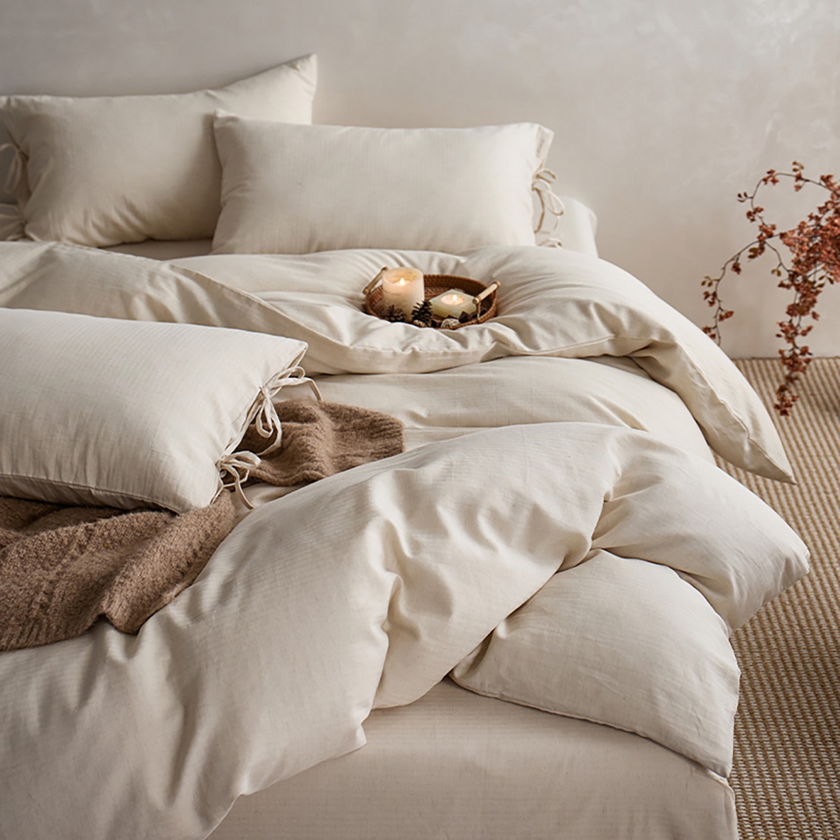 91家纺网 家纺一手货源 找家纺 （总）蓝邻家纺 2026年新款全棉纯棉色织棉麻极简风四件套系列-场景二