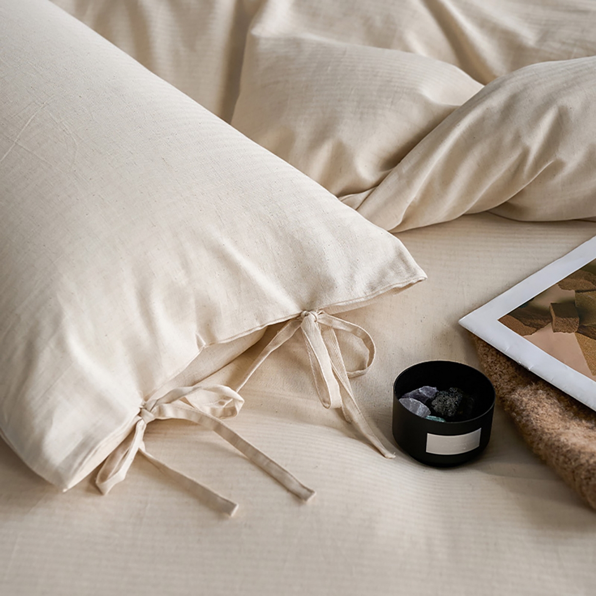 91家纺网 家纺一手货源 找家纺 （总）蓝邻家纺 2026年新款全棉纯棉色织棉麻极简风四件套系列-场景二