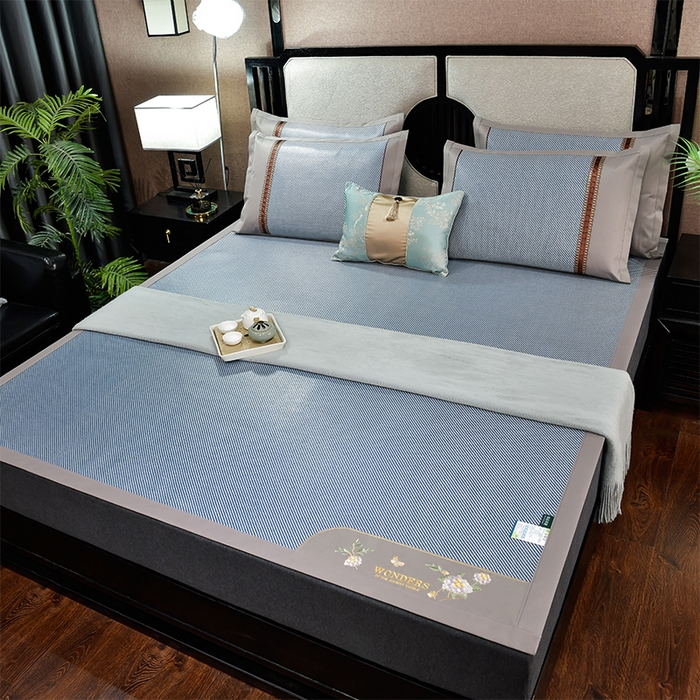 91家纺网 家纺一手货源 找家纺 小牛席业 2026新款绣球花开-冰藤双面席凉席藤席冰藤席竹席空调席草席冰丝席豆豆席乳胶席三件套 绣球花开-冰藤海蓝