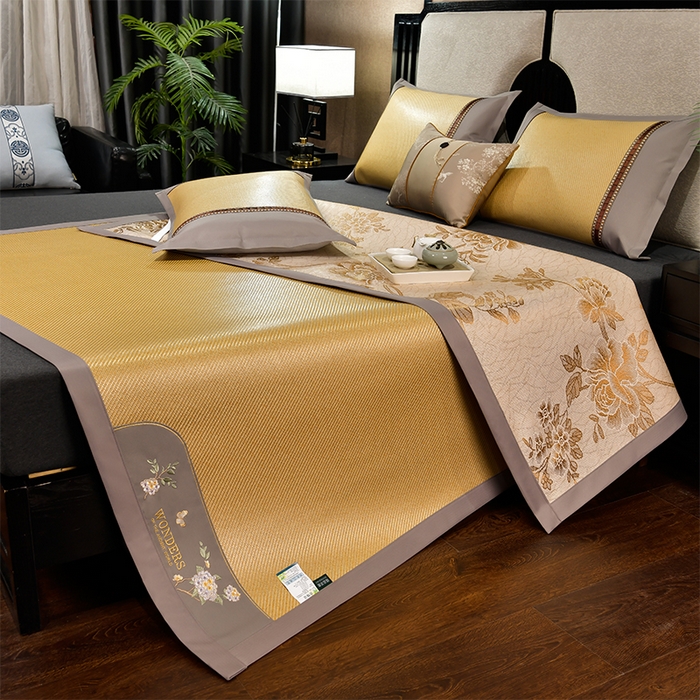 小牛席业 2026新款绣球花开-冰藤双面席凉席藤席冰藤席竹席空调席草席冰丝席豆豆席乳胶席三件套 绣球花开-冰藤浅咖