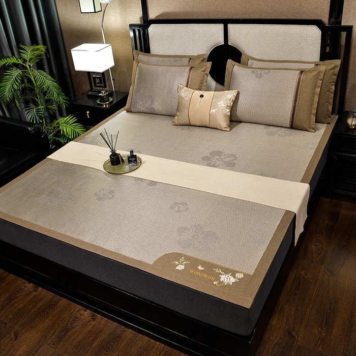 91家纺网 家纺一手货源 找家纺 小牛席业 2026新款绣球花开-冰藤双面席凉席藤席冰藤席竹席空调席草席冰丝席豆豆席乳胶席三件套 绣球花开-提花香槟